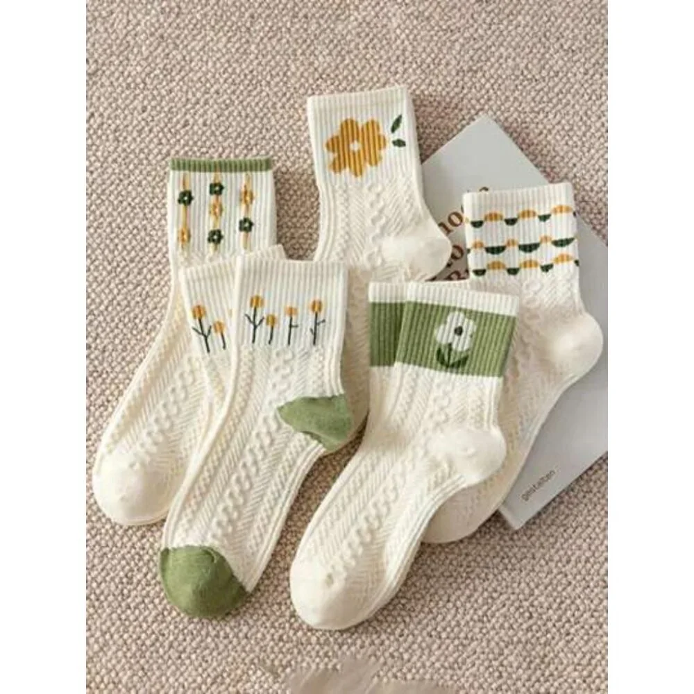 5pairs/set Women's Creative Floral Print Mid-calf Socks In Green Tones